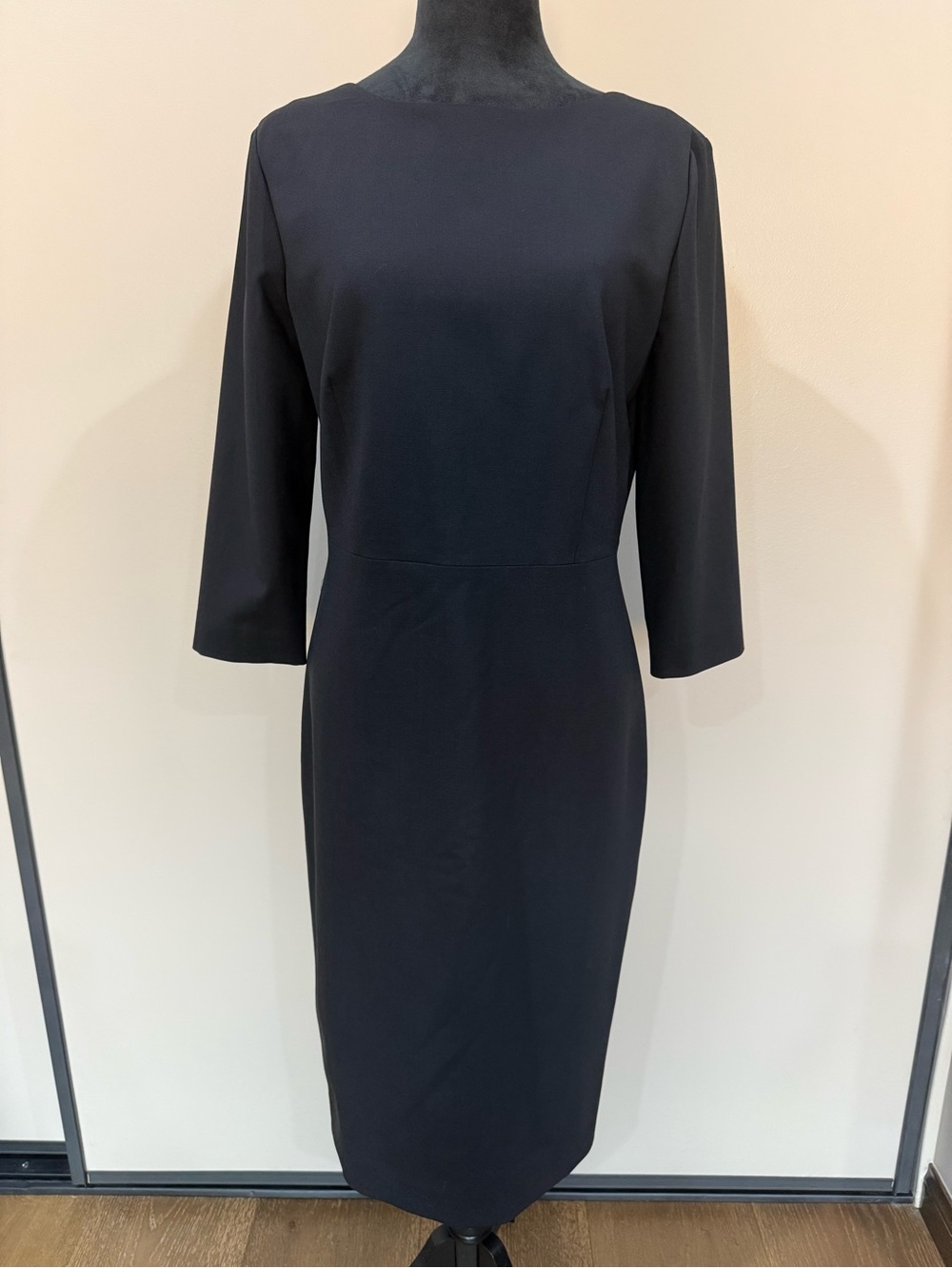 Theory Black 3/4 Sleeve Bateau Neck Sheath Midi Dress